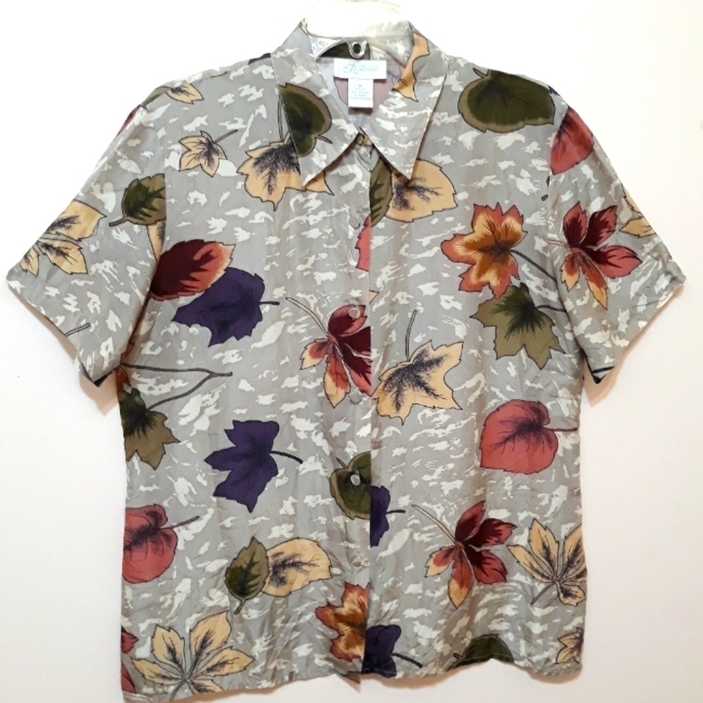 K Arnold Top 100% Silk Leaves Printed Dhort Sleeve Button Down Shir Size Medium